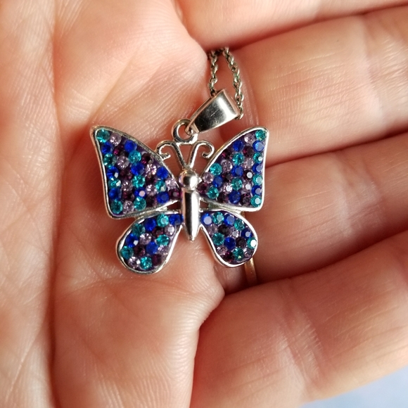Relisted -Butterfly necklace blue and purple silver tone - Picture 3 of 13